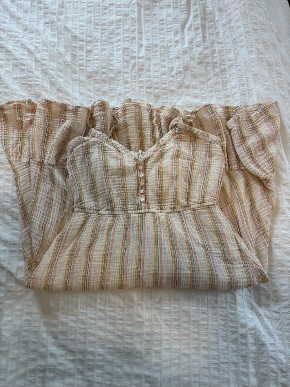 aerie Striped Midi Dress in Cream with Pink and Tan Accents